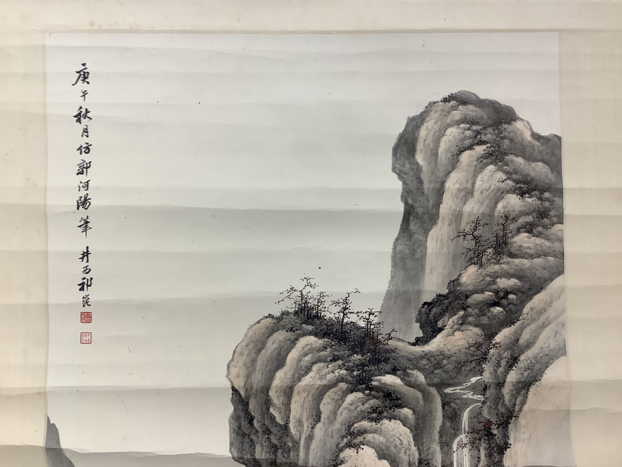 A Chinese scroll painting of a scholar seated in a mountainous river landscape, 20th century Image 94 cm X 45 cm